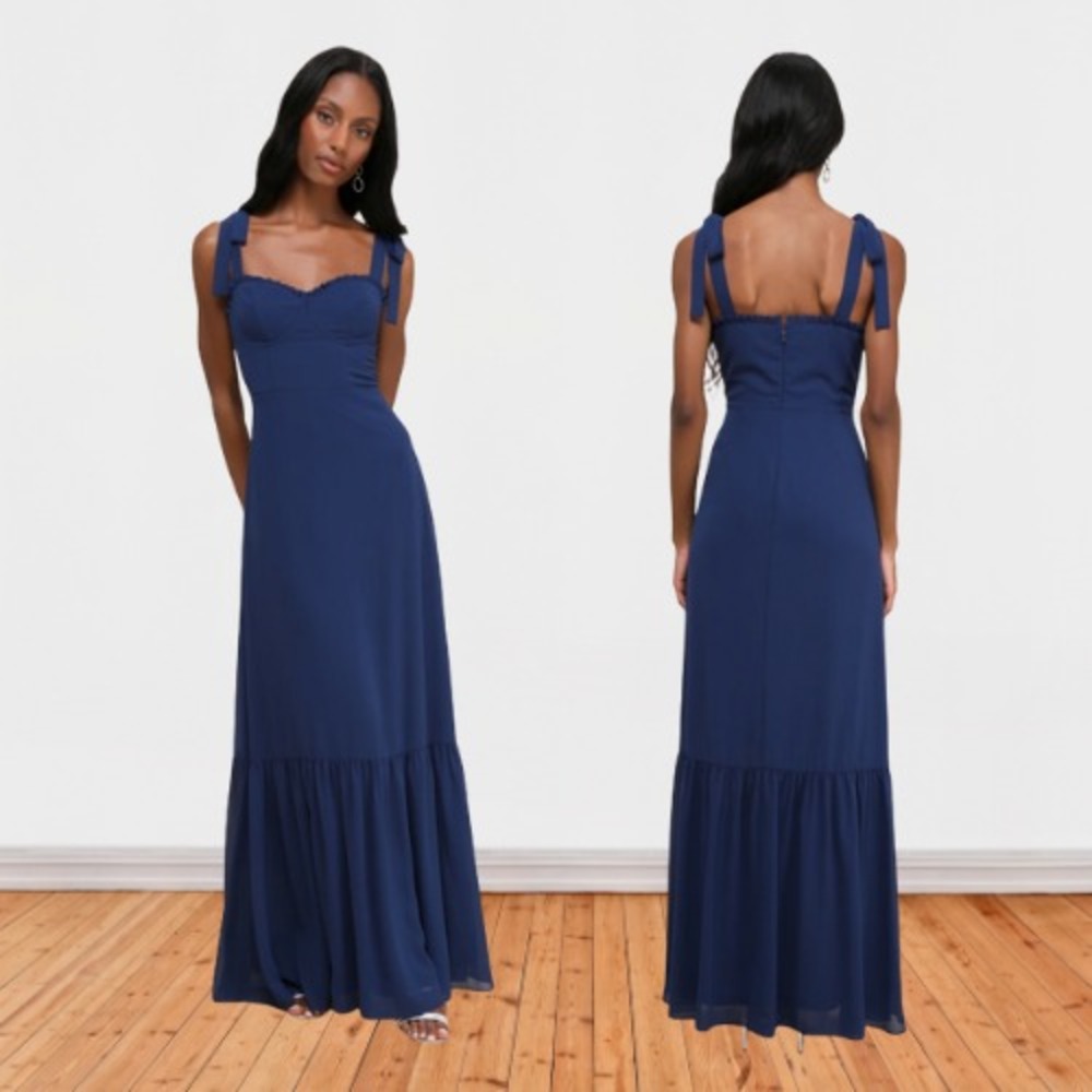 Lulus Truly Gorgeous Dark Blue Ruffled Bustier Tie-Strap Maxi Dress Small